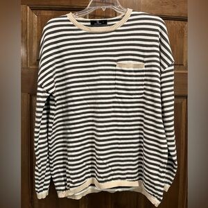 Women’s Grey & Off White Striped Sweater with Beige Accents, Size Large
